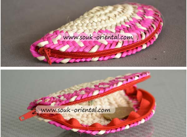 Purse Zipper Straw Ivory / Fuchsia