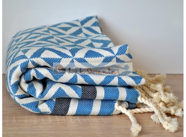 Serviette Fouta Jacquard Géométrique Bleu / Noir / Blanc Drap de Hammam