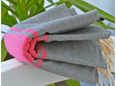Serviette de bain Fouta Gris Cendre bande rose Rose Fushia