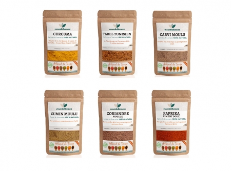 Coffret 6 épices Artisanales x 150gr - Tabel - Coriandre - Carvi - Cumin - Curcuma - Piment Doux