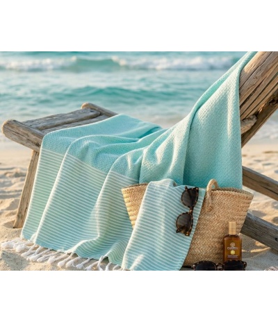 Fouta Nid d'Abeille Bleu Aqua Artisanale – Serviette de...